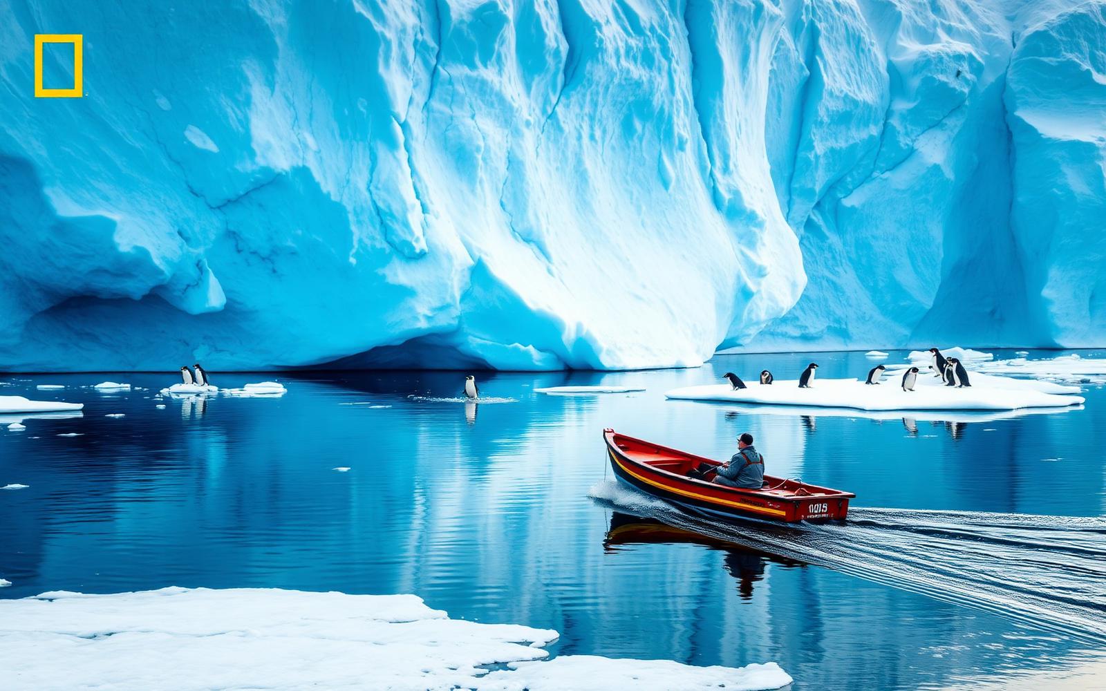 Zodiac boat gliding past an electric-blue iceberg with penguins on an ice floe