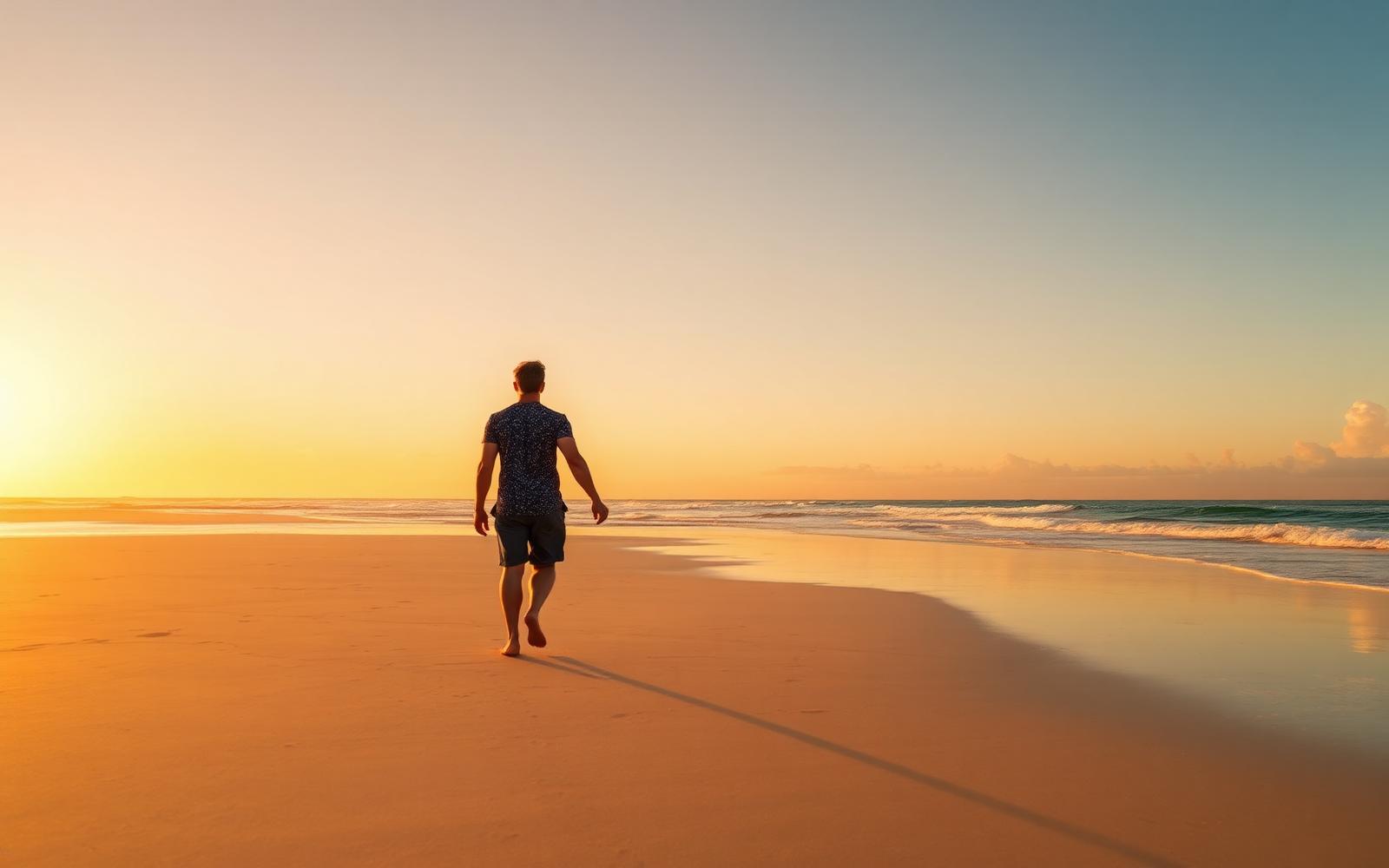 Couple walking barefoot on an empty Caribbean beach at sunset