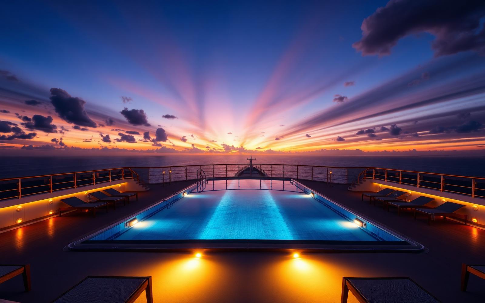 Luxury cruise ship pool deck glowing at dusk