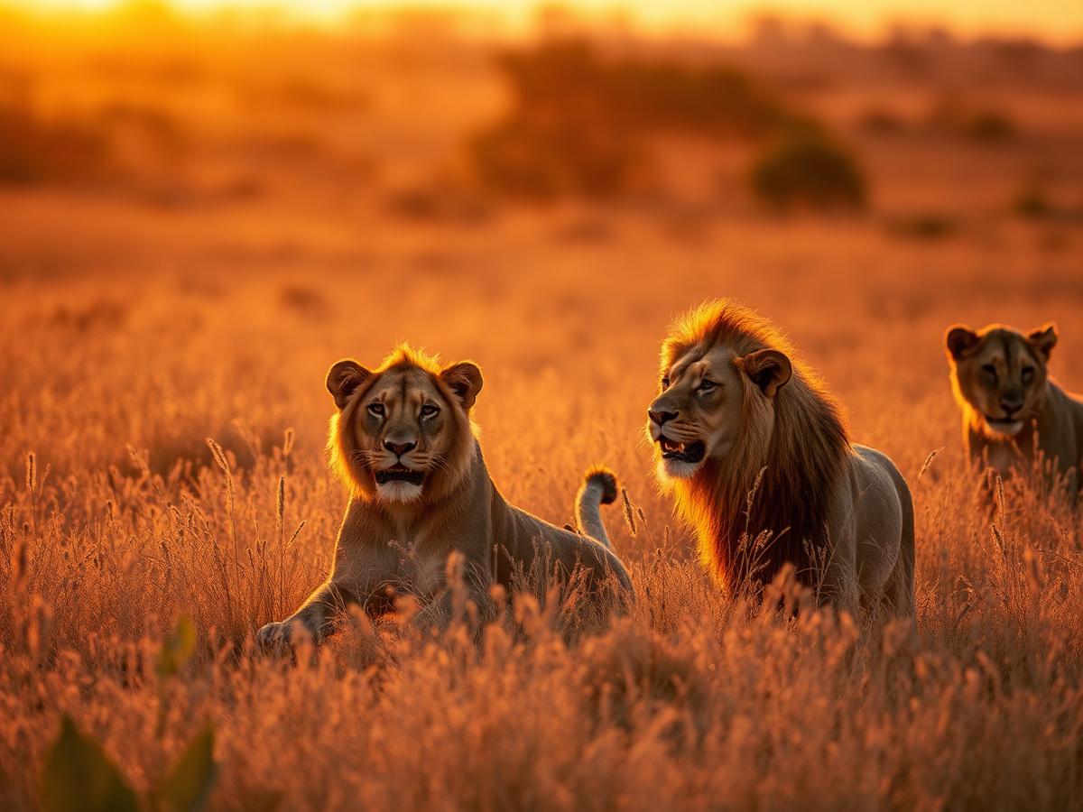 Lions in golden grass at sunrise