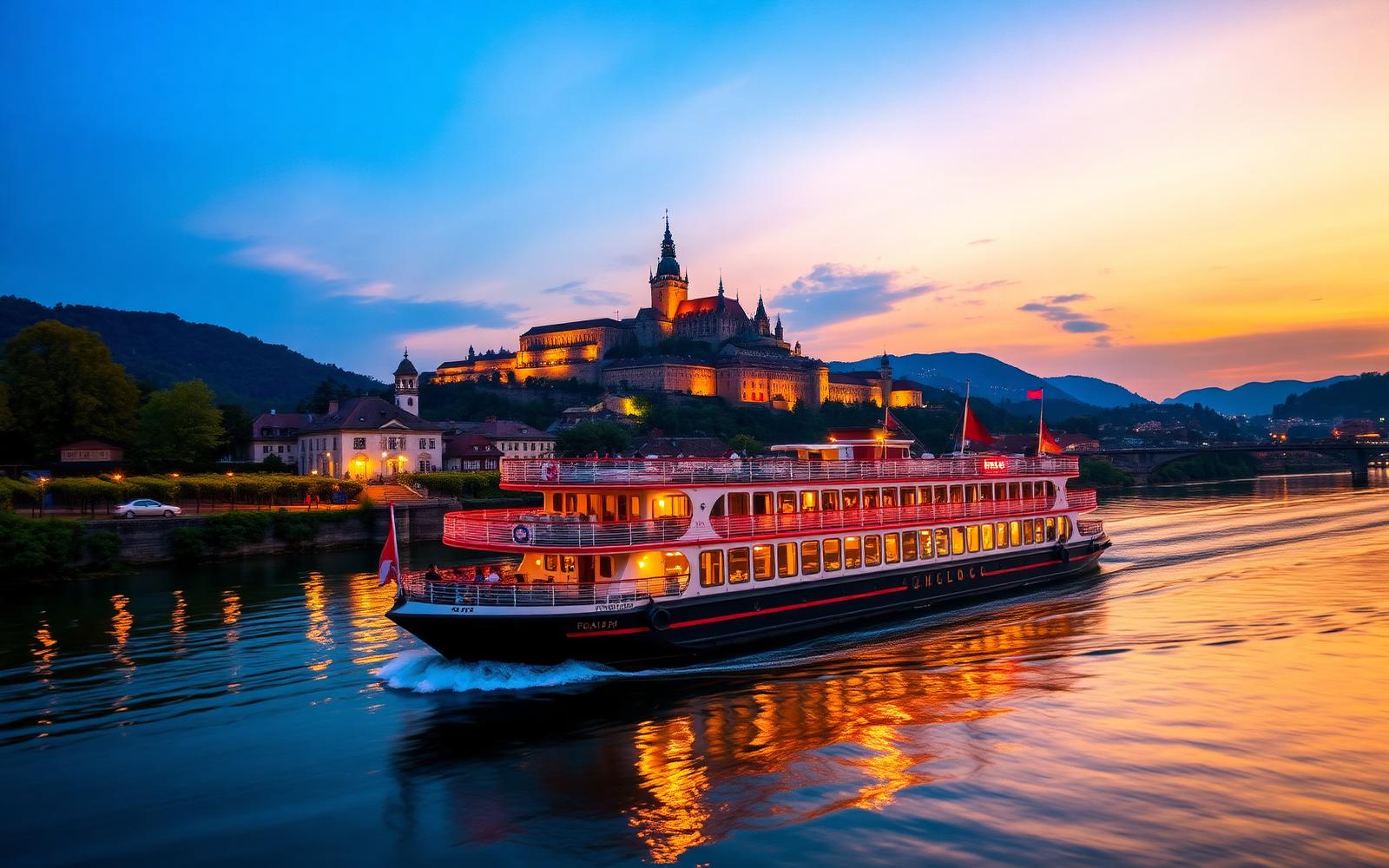 European river cruise ship gliding past a hilltop castle at dusk